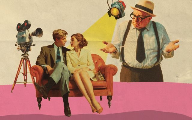 An illustration of a woman and man sitting on a couch with a spotlight and camera pointing at them, as a man with glasses, suspenders and a tie raises his hands in a shrug‑like hand gesture.