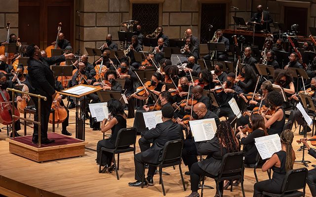 A large orchestra playing on stage, with string, woodwind and brass sections.
