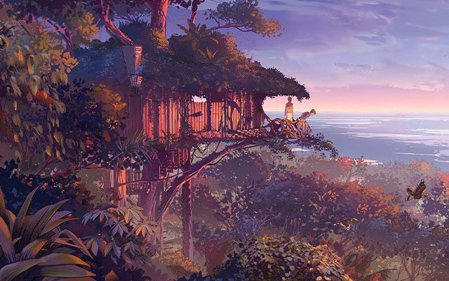 Two individuals in a treehouse look out over a forest landscape, as three birds fly past.