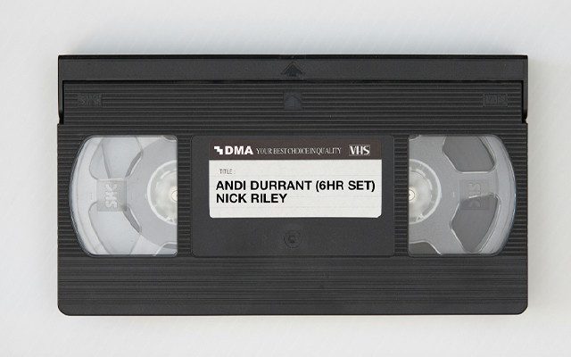 A VHS cassette featuring a label with the text "Andi Durrant (6HR set) Nick Riley".