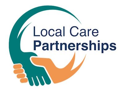 The Local Care Partnerships logo; illustrated green and yellow hands shaking.