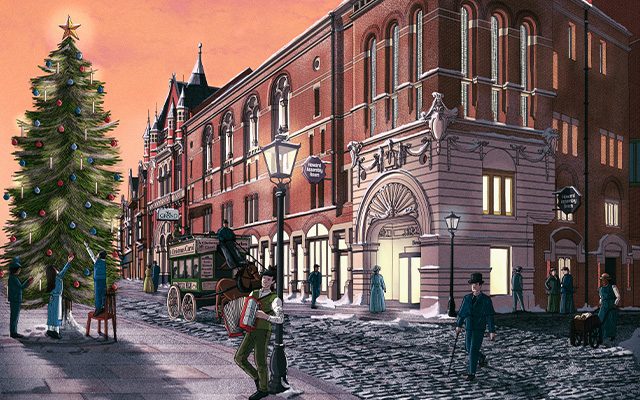 A stylised festive winter scene outside the Howard Assembly Room with snow gathered on the ground and buildings.