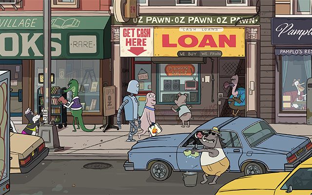 A scene from the film Robot Dreams with anthropomorphised animals and a robot, showing Robot and Dog walking down the street.