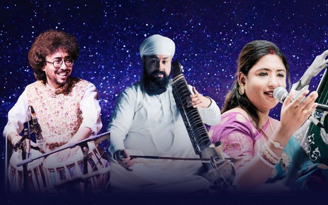 A montage of six South Asian classical musicians performing with vocals, tabla, and string instruments against a deep blue starry night sky background.