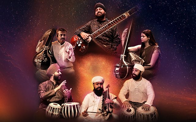A composite image of six Indian classical musicians playing traditional instruments, including the sitar, tabla, tanpura, and dilruba, set against a glowing, starry cosmic background.