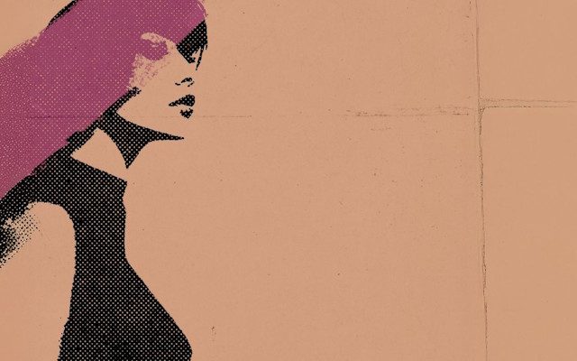 A stylised drawing of a woman drawn in black and purple shapes.