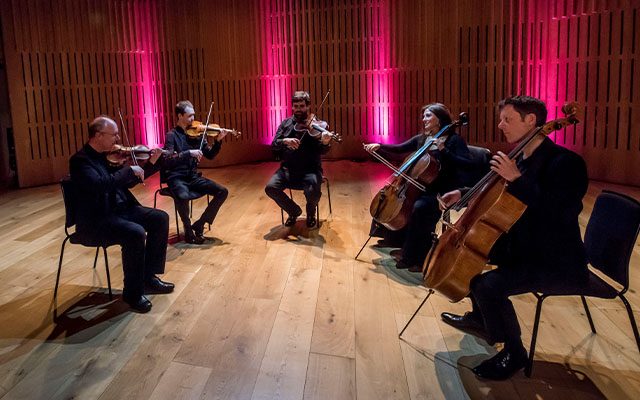 A string section playing instruments inside an area illuminated with purple light.
