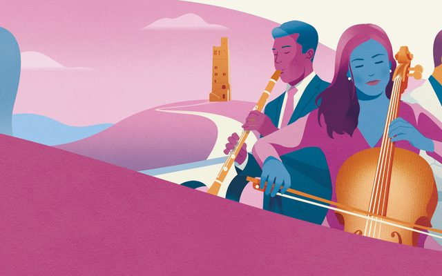 A stylised illustration of three musicians playing a woodwind instrument, a cello and a pipe organ.