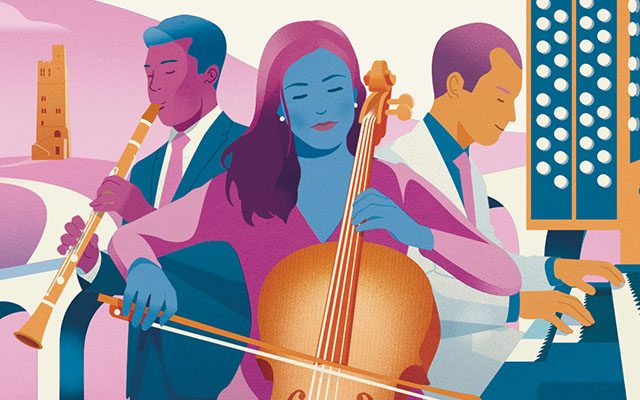 A stylised illustration of three musicians playing a woodwind instrument, a cello and a pipe organ.