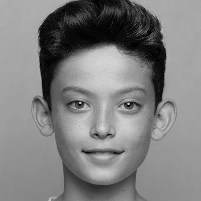 A black and white headshot of a boy with medium-length dark hair.