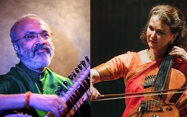 Two photographs side by side; a man playing a sitar on the left, and a woman playing a cello.